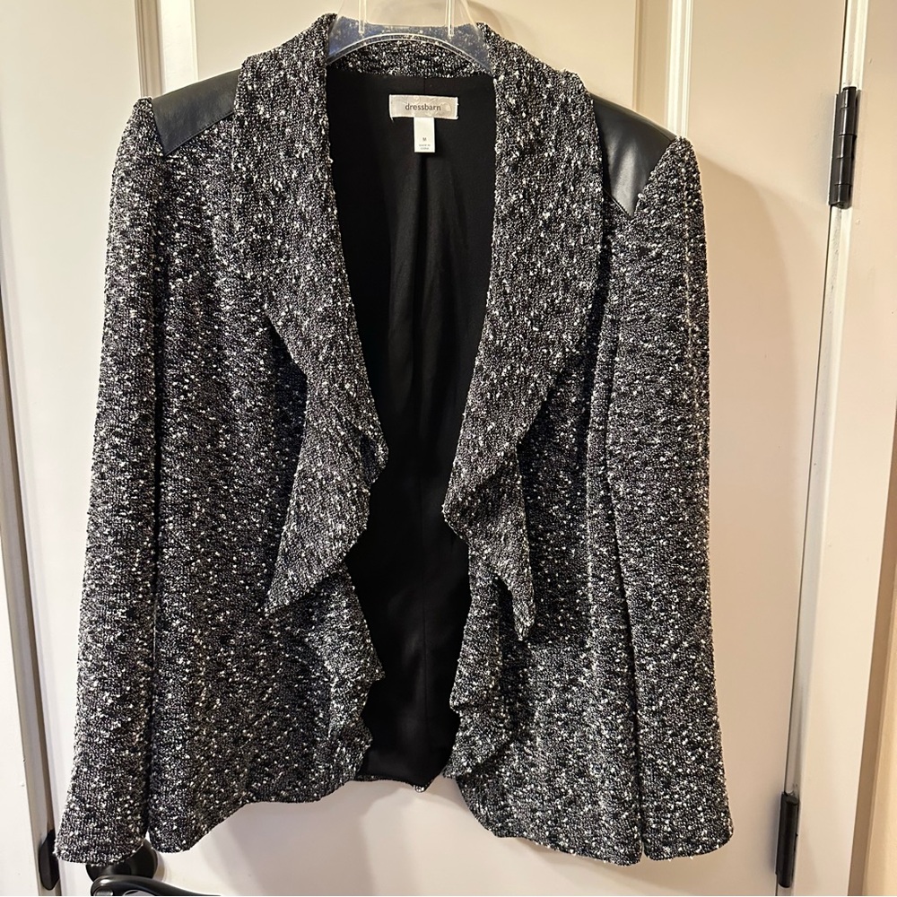 Dress Barn Gray and Black Blazer with Ruffle Collar and leather shoulder accents
